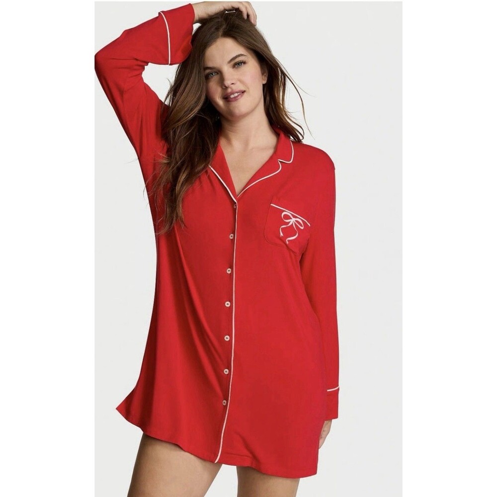 Victoria's Secret Modal Jersey Sleepshirt Red Button-Front Collared XS Bow